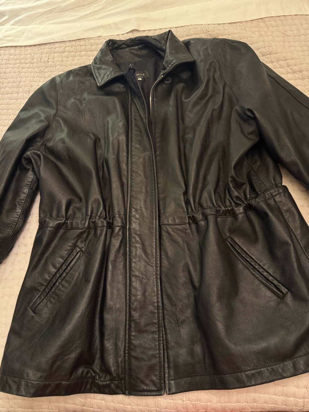 Women's Black Leather Jacket with Waist Cinch